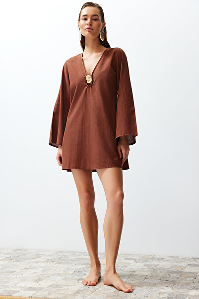 Trendyol Collection Καφέ Μίνι υφαντό Premium Flared Βαμβακερό φόρεμα παραλίας με αξεσουάρ Sea Shell TBESS24EL00020