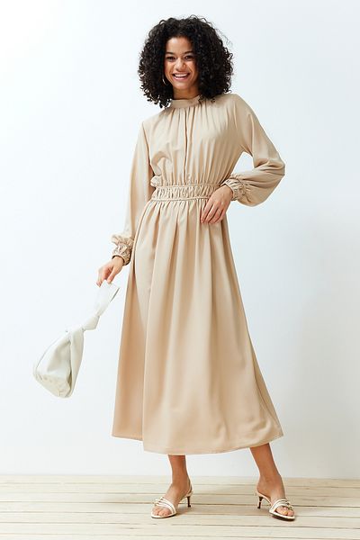 Trendyol Modest Beige Stand Collar Waist and Sleeve Gather Detailed Woven Dress TCTSS24EB00083