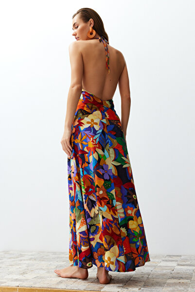 Trendyol Collection Virágmintás szőtt hátul kivágott maxi strandruha TBESS24EL00022