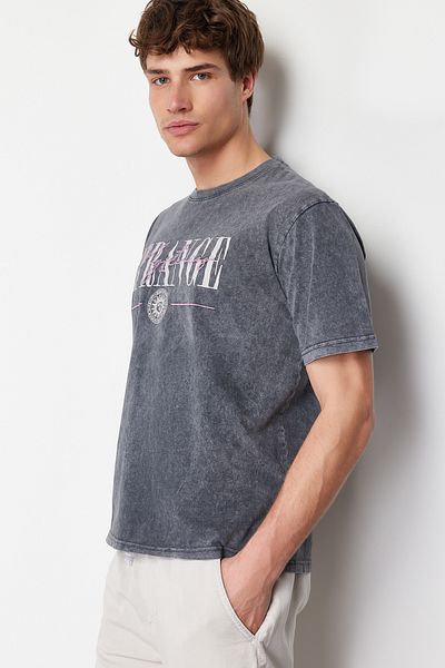 Trendyol Collection Anthracite Printed Embroidered Oversize Cotton T-Shirt - Tmnss24Ts00115