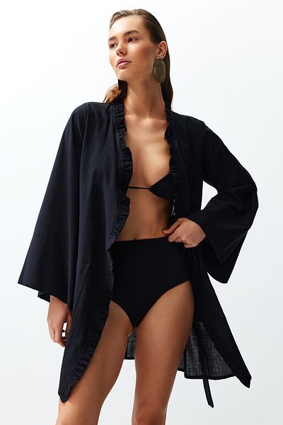Trendyol Collection Černý pásek Mini tkaný volán 100% bavlna Kimono&amp;Kaftan TBESS24KM00036