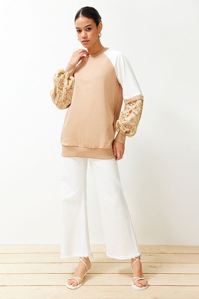 Trendyol Modest Beige Lace Detailed Oversize Sweatshirt - TCTSS24UK00031