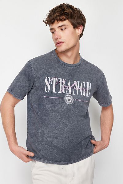 Trendyol Collection Anthracite Printed Embroidered Oversize Cotton T-Shirt - Tmnss24Ts00115