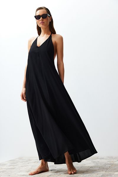 Trendyol Collection Černé Maxi tkané plážové šaty nízkého střihu TBESS24EL00022