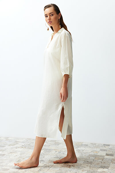 Kolekcia Trendyol Plážové šaty Ecru Wide Fit Midi Woven Balloon Sleeve 100% Bavlna TBESS22EL0009