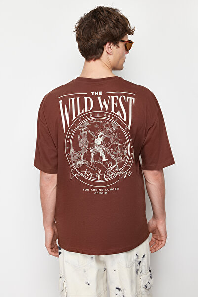 Trendyol Collection Μπλουζάκι υπερμεγέθη καφέ βαμβακερό εμπριμέ - TMNSS24TS00003