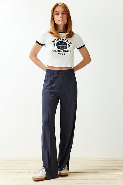 Trendyol Collection Hochwertige anthrazitfarbene, gerippte, genähte, gerade/gerade geschnittene Strick-Jogginghose TWOSS24EA00001