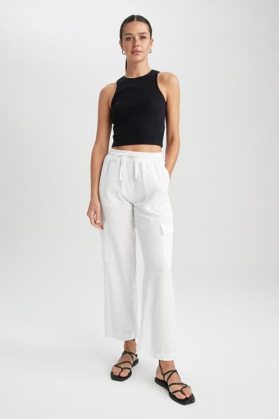 DeFacto Straight Fit Cargo Pocket Regular Waist Linen Blended Pants Y7270az23sm