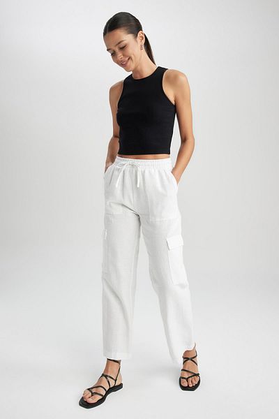 DeFacto Straight Fit Cargo Pocket Regular Waist Linen Blended Pants Y7270az23sm