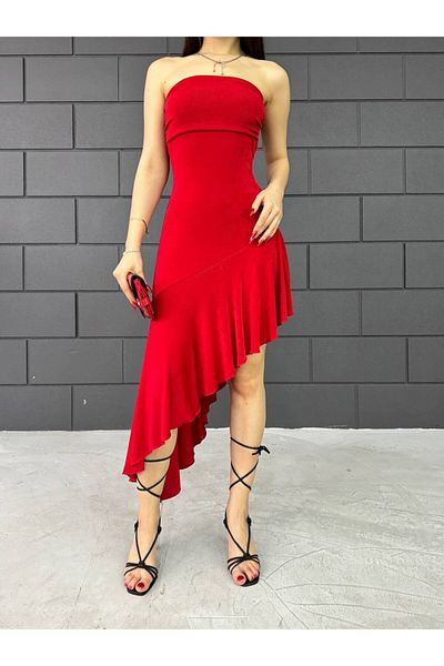 BİKELİFE Trägerloses Kleid mit asymmetrischem Schnitt und Rüschendetail für Damen