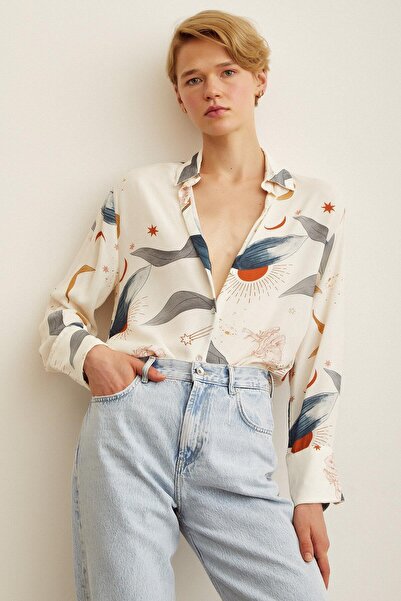 Sue Store Πουκάμισο υπερμεγέθους με πολύχρωμο εκρού σχέδιο