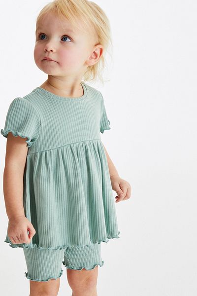 Next Baby Cotton Grenn Short Sleeve Tights Top and Bottom Set