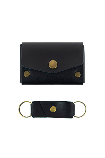 miawiki مجموعة محفظة جلدية باللون الأزرق الداكن وسلسلة مفاتيح، إكسسوار هدية