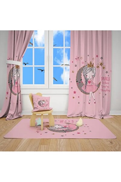Lavisa Ay Üstünde Oturan Kız Çoçuk Odası Takımı (Fon perde Ve Halı)