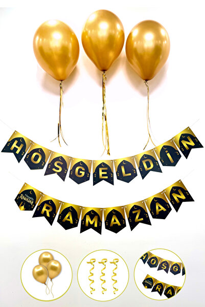 Huzur Party Store Hoşgeldin Ramazan Yazısı + 3 Gold Metalik Balon + Metalik B...