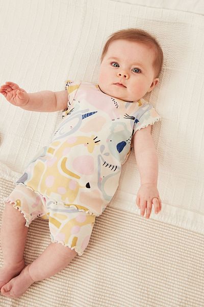Next Baby 100% Cotton Cream Floral Patterned Short Sleeve Top and Bottom Set