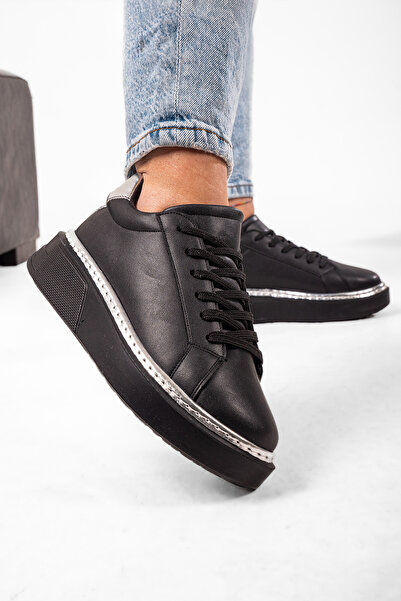 KOTAN Pantofi sport confortabili pentru femei, cu detaliu argintiu negru, cu șireturi