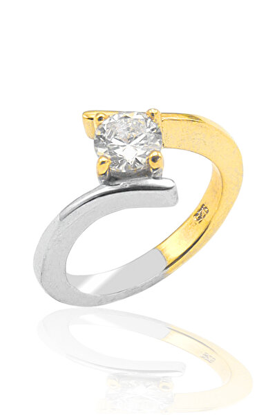 Midyat Nurtaş Gümüş Kristal Kesim Gold Kaplama 925 Ayar Gümüş Tektaş Yüzük 20...
