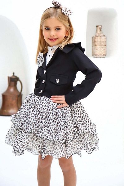 Riccotarz Girl's Brooched Clazer Jacket and Chiffon Puffy Tulle Black Skirt Set