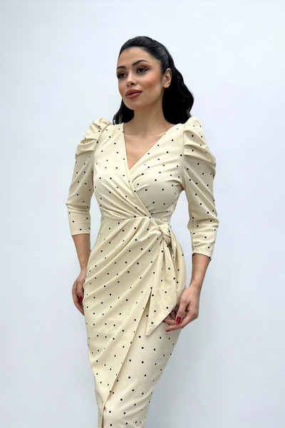 giyimmasalı Φόρεμα Crepe Fabric Πουά Λεπτομερές Μολύβι - ΚΡΕΜ