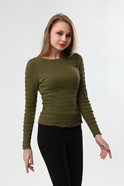 Miss Murem Elastic Long Sleeve Blouse-khaki Green