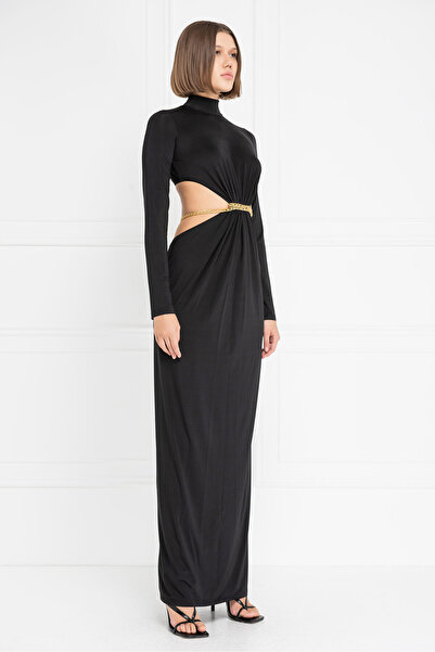 Kikiriki Siyah Bel Dekolteli Zincirli Maxi Elbise