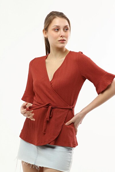 Miss Murem Double Breasted Collar Tied Seersucker Blouse-tile