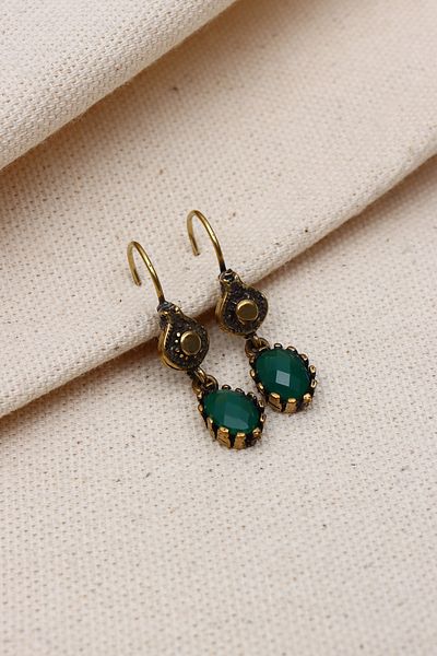 Süspüs Accessories Green Color Oval Jewelled Dangle Authentic Earrings