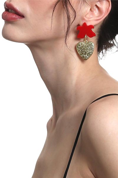 LABALABA Women's Gold Color Lacquer Plated Studded Model Love's Fire Design Earrings