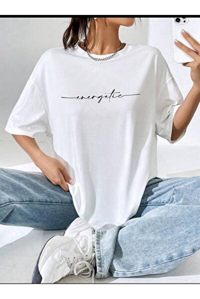 SELENA BUTİK Unisex Λευκό Ενεργό Βαμβακερό Μπλουζάκι Oversize