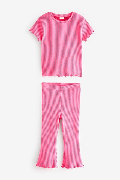 Next Baby Cotton Pink Ribbed Short Sleeve Top and Bottom Set