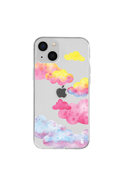 Casen iPhone 15 Colorful Clouds Tasarımlı Şeffaf Silikon Telefon Kılıfı