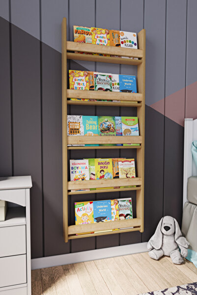 zeo wood design Montessori 5 Raflı Mdf Çocuk Kitaplığı 154*60 Cm Safir Meşe