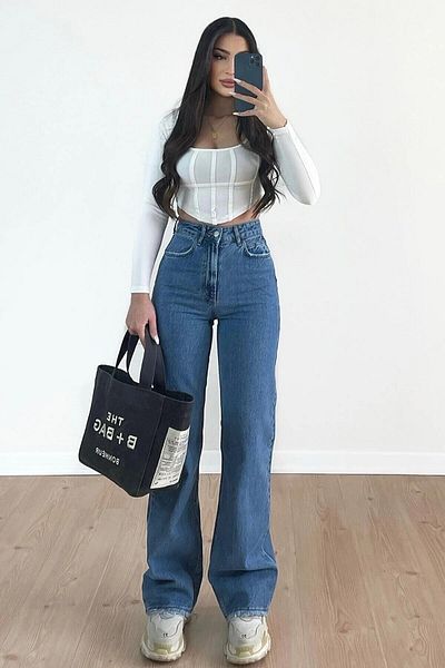 geenz manifacture Christian 90&#39;s Medium Blue Lycra Palazzo Džínové kalhoty se super vysokým pasem