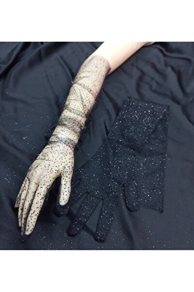 es moda shop قفازات السهرة الماسية المتلألئة للعروس طويلة باللون الأسود والأسود