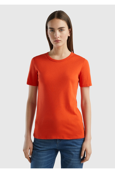 United Colors of Benetton Kadın Kırmızı %100 Koton Basic Kısa Kollu Bisiklet ...