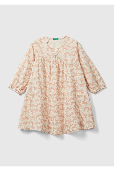 United Colors of Benetton Rochie pentru fetiță cu mânecă lungă cu imprimeu roz deschis - Design cu nasturi în față