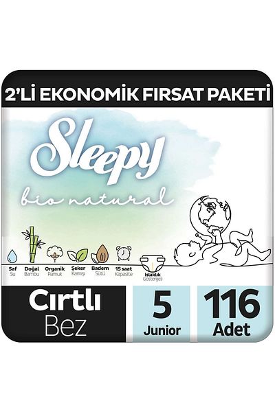 Sleepy Bio Natural Baby Diapers - Economical Opportunity Pack of 2, Size 5 Junior - 116 Pieces (58X2) Pieces