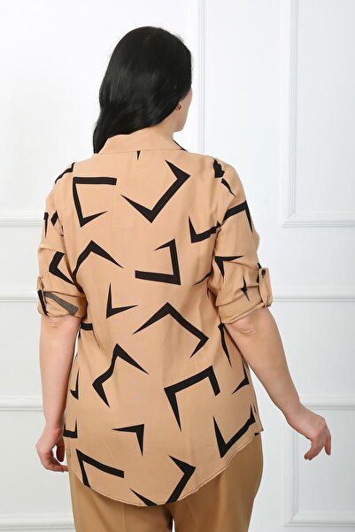 By Alba Collection Women's Tan Patterned Cotton Viscose Large Size Shirt