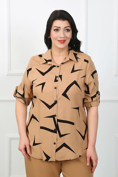 By Alba Collection Дамска памучна вискозна риза с кафяви шарки с голям размер