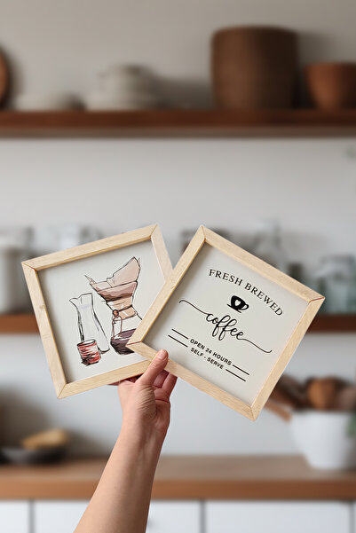 Wooden Factory Kahve Köşesi, Fresh Brewed Ahşap Çerçeveli Tablo Seti