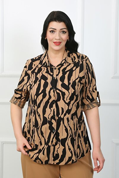 By Alba Collection Women's Tan Patterned Cotton Viscose Large Size Shirt
