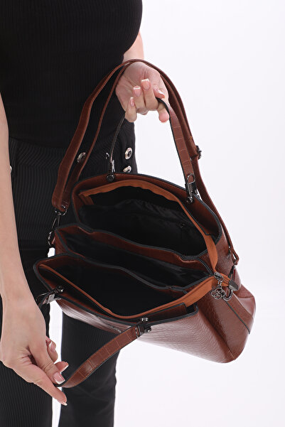 womenacs New Season Women's Bag with Plenty of Eyes, Tan Color Crocodile Exterior, Can Be Used in Hands and with Shoulder Strap