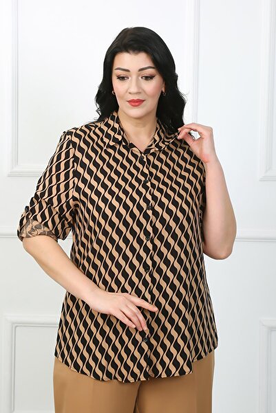 By Alba Collection Women's Tan Zigzag Pattern Cotton Viscose Large Size Shirt