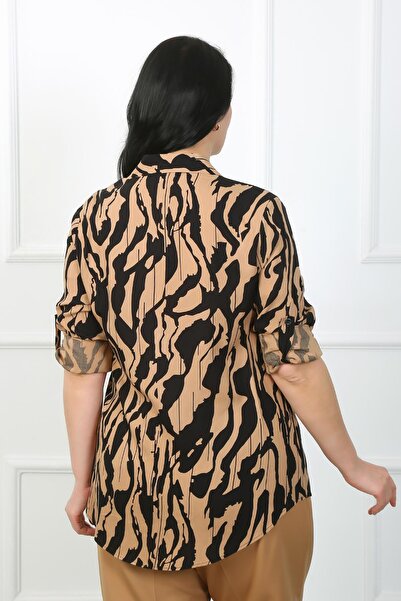 By Alba Collection Women's Tan Patterned Cotton Viscose Large Size Shirt