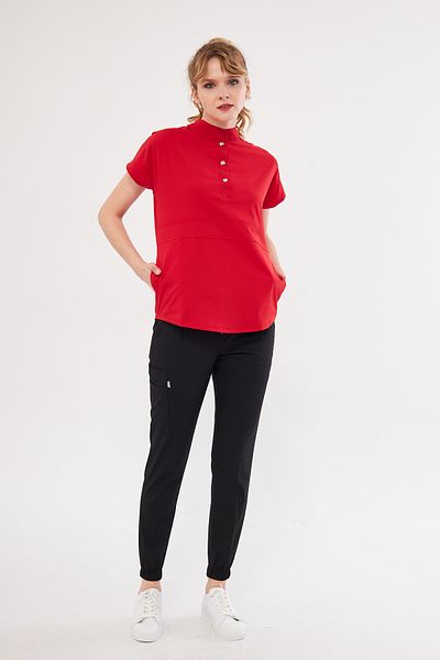 Class Üniforma Nova - Red Black Women's Lycra Prevailing Collar Snap Fastener Flexible Nurse and Doctor Jersey Scrubs