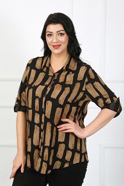 By Alba Collection Women's Tan Patterned Cotton Viscose Large Size Shirt