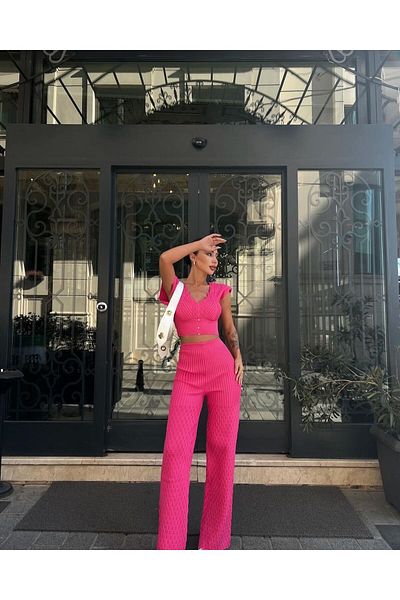 Rimanere Giovani Fuchsia Stoned Openwork Crop Blouse and Trousers Set - Thin Summer Knitwear