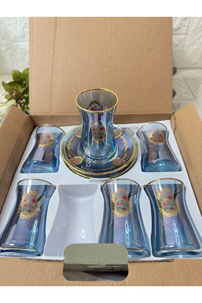 aky home style Çay Takımı Gül Desenli Mavi 12 Parça Golden Flowers 6 Kişilik