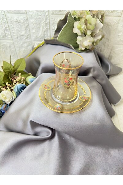 aky home style Çay Takımı Gül Desenli Amber 12 Parça Golden Flowers 6 Kişilik